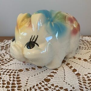 Vintage ceramic piggy bank.  Retro floral breakaway bank.  USA signature.